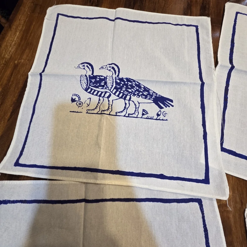 6 Vintage Printed Blue Loons/Ducks White 12” x 11”Napkins Cottege Core Costal